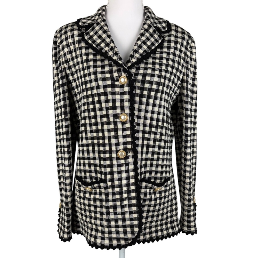 St John Collection Knit Blazer Womens 6 Black White Check Pearlized Buttons VTG